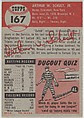 Card Number 167, Art Schult, Outfielder, New York Yankees, from the series Topps Dugout Quiz (R414-7), issued by Topps Chewing Gum Company, Issued by Topps Chewing Gum Company (American, Brooklyn), Commercial color lithograph