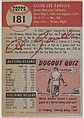 Card Number 181, Al Zarilla, Outfielder, Boston Red Sox, from the series Topps Dugout Quiz (R414-7), issued by Topps Chewing Gum Company, Issued by Topps Chewing Gum Company (American, Brooklyn), Commercial color lithograph