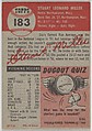 Card Number 183, Stu Miller, Pitcher, St. Louis Cardinals, from the series Topps Dugout Quiz (R414-7), issued by Topps Chewing Gum Company, Issued by Topps Chewing Gum Company (American, Brooklyn), Commercial color lithograph
