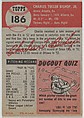 Card Number 186, Charlie Bishop, Pitcher, Philadelphia Athletics, from the series Topps Dugout Quiz (R414-7), issued by Topps Chewing Gum Company, Issued by Topps Chewing Gum Company (American, Brooklyn), Commercial color lithograph