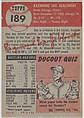 Card Number 189, Ray Jablonski, Third Base, St. Louis Cardinals, from the series Topps Dugout Quiz (R414-7), issued by Topps Chewing Gum Company, Issued by Topps Chewing Gum Company (American, Brooklyn), Commercial color lithograph