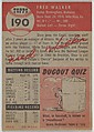 Card Number 190, Dixie Walker, Coach, St. Louis Cardinals, from the series Topps Dugout Quiz (R414-7), issued by Topps Chewing Gum Company, Issued by Topps Chewing Gum Company (American, Brooklyn), Commercial color lithograph