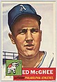 Card Number 195, Ed McGhee, Outfielder, Philadelphia Athletics, from the series Topps Dugout Quiz (R414-7), issued by Topps Chewing Gum Company, Issued by Topps Chewing Gum Company (American, Brooklyn), Commercial color lithograph