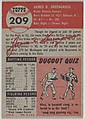 Card Number 209, Jim Greengrass, Outfielder, Cincinnati Reds, from the series Topps Dugout Quiz (R414-7), issued by Topps Chewing Gum Company, Issued by Topps Chewing Gum Company (American, Brooklyn), Commercial color lithograph