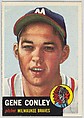 Card Number 215, Gene Conley, Pitcher, Milwaukee Braves, from the series Topps Dugout Quiz (R414-7), issued by Topps Chewing Gum Company, Issued by Topps Chewing Gum Company (American, Brooklyn), Commercial color lithograph