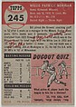 Card Number 245, Bill Norman, Coach, St. Louis Browns, from the series Topps Dugout Quiz (R414-7), issued by Topps Chewing Gum Company, Issued by Topps Chewing Gum Company (American, Brooklyn), Commercial color lithograph