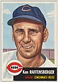 Card Number 276, Ken Raffensberger, Pitcher, Cincinnati Reds, from the series Topps Dugout Quiz (R414-7), issued by Topps Chewing Gum Company, Issued by Topps Chewing Gum Company (American, Brooklyn), Commercial color lithograph