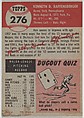 Card Number 276, Ken Raffensberger, Pitcher, Cincinnati Reds, from the series Topps Dugout Quiz (R414-7), issued by Topps Chewing Gum Company, Issued by Topps Chewing Gum Company (American, Brooklyn), Commercial color lithograph