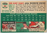 Card Number 33, Johnny Schmitz, Pitcher, Washington Senators, from "1954 Topps Regular Issue" series (R414-8), issued by Topps Chewing Gum Company., Issued by Topps Chewing Gum Company (American, Brooklyn), Commercial color lithograph