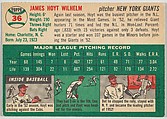 Card Number 36, Hoyt Wilhelm, Pitcher, New York Giants, from "1954 Topps Regular Issue" series (R414-8), issued by Topps Chewing Gum Company., Issued by Topps Chewing Gum Company (American, Brooklyn), Commercial color lithograph