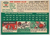 Card Number 39, Sherm Lollar, Catcher, Chicago White Sox, from "1954 Topps Regular Issue" series (R414-8), issued by Topps Chewing Gum Company., Issued by Topps Chewing Gum Company (American, Brooklyn), Commercial color lithograph