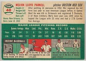 Card Number 40, Mel Parnell, Pitcher, Boston Red Sox, from "1954 Topps Regular Issue" series (R414-8), issued by Topps Chewing Gum Company., Issued by Topps Chewing Gum Company (American, Brooklyn), Commercial color lithograph