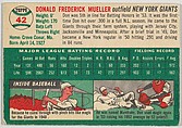 Card Number 42, Don Mueller, Outfield, New York Giants, from "1954 Topps Regular Issue" series (R414-8), issued by Topps Chewing Gum Company., Issued by Topps Chewing Gum Company (American, Brooklyn), Commercial color lithograph
