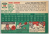 Issued by Bowman Gum Company, Richie Ashburn, Outfield, Philadelphia  Phillies, from the Picture Card Collectors Series (R406-4) issued by Bowman  Gum