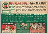Card Number 48, Billy Hunter, Shortstop, Baltimore Orioles, from "1954 Topps Regular Issue" series (R414-8), issued by Topps Chewing Gum Company., Issued by Topps Chewing Gum Company (American, Brooklyn), Commercial color lithograph