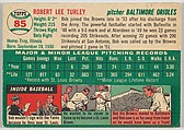 Card Number 85, Bob Turley, Pitcher, Baltimore Orioles, from "1954 Topps Regular Issue" series (R414-8), issued by Topps Chewing Gum Company., Issued by Topps Chewing Gum Company (American, Brooklyn), Commercial color lithograph