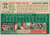 Card Number 92, Wally Westlake, Outfield, Cleveland Indians, from "1954 Topps Regular Issue" series (R414-8), issued by Topps Chewing Gum Company., Issued by Topps Chewing Gum Company (American, Brooklyn), Commercial color lithograph