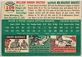Card Number 109, Bill Bruton, Outfield, Milwaukee Braves, from "1954 Topps Regular Issue" series (R414-8), issued by Topps Chewing Gum Company., Issued by Topps Chewing Gum Company (American, Brooklyn), Commercial color lithograph