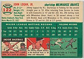 Card Number 122, Johnny Logan, Shortstop, Milwaukee Braves, from "1954 Topps Regular Issue" series (R414-8), issued by Topps Chewing Gum Company., Issued by Topps Chewing Gum Company (American, Brooklyn), Commercial color lithograph