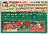 Card Number 174, Tom Qualters, Pitcher, Philadelphia Phillies, from "1954 Topps Regular Issue" series (R414-8), issued by Topps Chewing Gum Company., Issued by Topps Chewing Gum Company (American, Brooklyn), Commercial color lithograph
