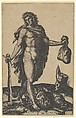 David standing, sword in lowered right hand, sack in the left, the head of Goliath on the ground beneath him, Marcantonio Raimondi  Italian, Engraving; the figure, ground and tree stump cut out and pasted to secondary support