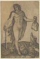 David standing, sword in lowered right hand, sack in the left, the head of Goliath on the ground beneath him, Marcantonio Raimondi  Italian, Engraving, damaged and partially cut along left side and bottom and made up with pen and ink