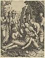 The lamentation of the dead Christ who is supported by the Virgin Mary and surrounded by other figures, Anonymous, Engraving