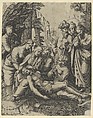 The lamentation of the dead Christ who is supported by the Virgin Mary and surrounded by other figures, Marcantonio Raimondi  Italian, Engraving, made up with pen and black ink on replacement sheet lower right corner