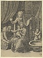 The Virgin holding the Christ Child, St Anne standing above with arms outstretched, St Elizabeth at the left, Marcantonio Raimondi Italian, Engraving