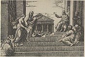 Martha leading Mary Magdalene up a flight of stairs to Christ who is seated at right at the entrance to a temple, Marcantonio Raimondi  Italian, Engraving
