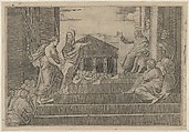 Martha leading Mary Magdalene up a flight of stairs to Christ who is seated at right at the entrance to a temple, Marcantonio Raimondi  Italian, Engraving