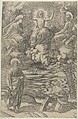 Christ flanked by the Virgin and St. John in the upper section, St. Paul and St. Catherine below, Marcantonio Raimondi  Italian, Engraving