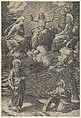 Christ flanked by the Virgin and St. John in the upper section, St. Paul and St. Catherine below, Marcantonio Raimondi Italian, Engraving