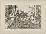Martha leading Mary Magdalene up a flight of stairs to Christ who is seated at right at the entrance to a temple, Anonymous, Italian, 16th to early 17th century Italian, Engraving