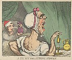 A Tit Bit for a Strong Stomach, Thomas Rowlandson (British, London 1757–1827 London), Hand-colored etching