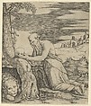 St Jerome kneeling before a crucifix, a skull in his left hand, a lion laying at the left, Marcantonio Raimondi Italian, Engraving