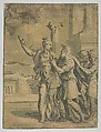 The Tirburtine Sibyl telling the Emperor Augustus of the coming in Christ, after Parmigianino
, Anonymous, Italian, 16th century Italian, Chiaroscuro woodcut from four blocks in green; damaged impression