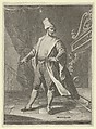 Man in Venetian costume standing before a large fireplace, right arm outstretched, Anonymous, Italian, 18th or early 19th century Italian, Etching and aquatint