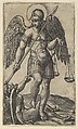 Saint Michael holding scales and a lance, a demon beneath him, from "Piccoli Santi" (Small Saints), Marcantonio Raimondi  Italian, Engraving