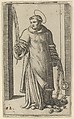 St Leonard standing holding a palm in his right hand and chains in his left, from "Piccoli Santi" (Small Saints), Marcantonio Raimondi Italian, Engraving