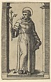 Saint Anthony of Padua standing, lillies in his raised right hand, a book in his left, from "Piccoli Santi" (Small Saints), Marcantonio Raimondi  Italian, Engraving