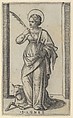 Saint Agnes standing a holding a palm in her right hand, a sheep lower left, from "Piccoli Santi" (Small Saints), Marcantonio Raimondi Italian, Engraving