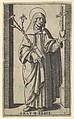 Saint Catherine of Siena standing holding flowers and book in her right hand, a heart and crucifix in her left, from "Piccoli Santi" (Small Saints), Marcantonio Raimondi  Italian, Engraving