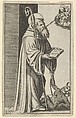 Saint Bernard standing holding an open book, a chained dragon at the lower right, from "Piccoli Santi" (Small Saints), Marcantonio Raimondi Italian, Engraving