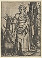 St Margaret holding a palm in her raised left hand, a dragon at her right, Marcantonio Raimondi  Italian, Engraving