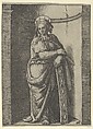 Saint Catherine standing in a niche, resting on a wheel, her instrument of torture, Marcantonio Raimondi  Italian, Engraving
