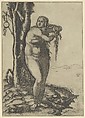 Venus wringing the water from her hair, standing at the water's edge, Marcantonio Raimondi Italian, Engraving silhouetted; the seascape at left and right has been made up