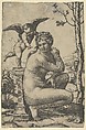 Venus crouching by a plinth on top of which stands Cupid, Marcantonio Raimondi  Italian, Engraving, areas of print made up