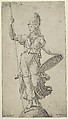 Pallas Athena standing on a globe, holding a spear in her left hand and her shield in her right, Anonymous, Italian, 16th to early 17th century  Italian, Engraving