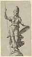 Pallas Athena standing on a globe, holding a spear in her left hand and her shield in her right, Anonymous, Italian, 16th to early 17th century  Italian, Engraving